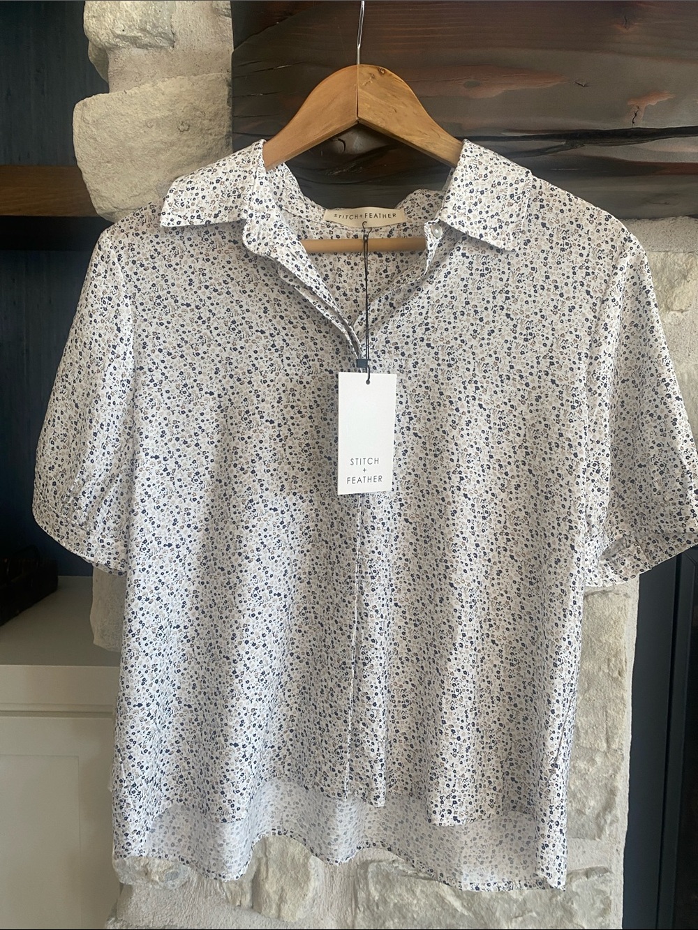Stitch and Feather White Button-Down Shirt with Blue/TaupeMicro Floral